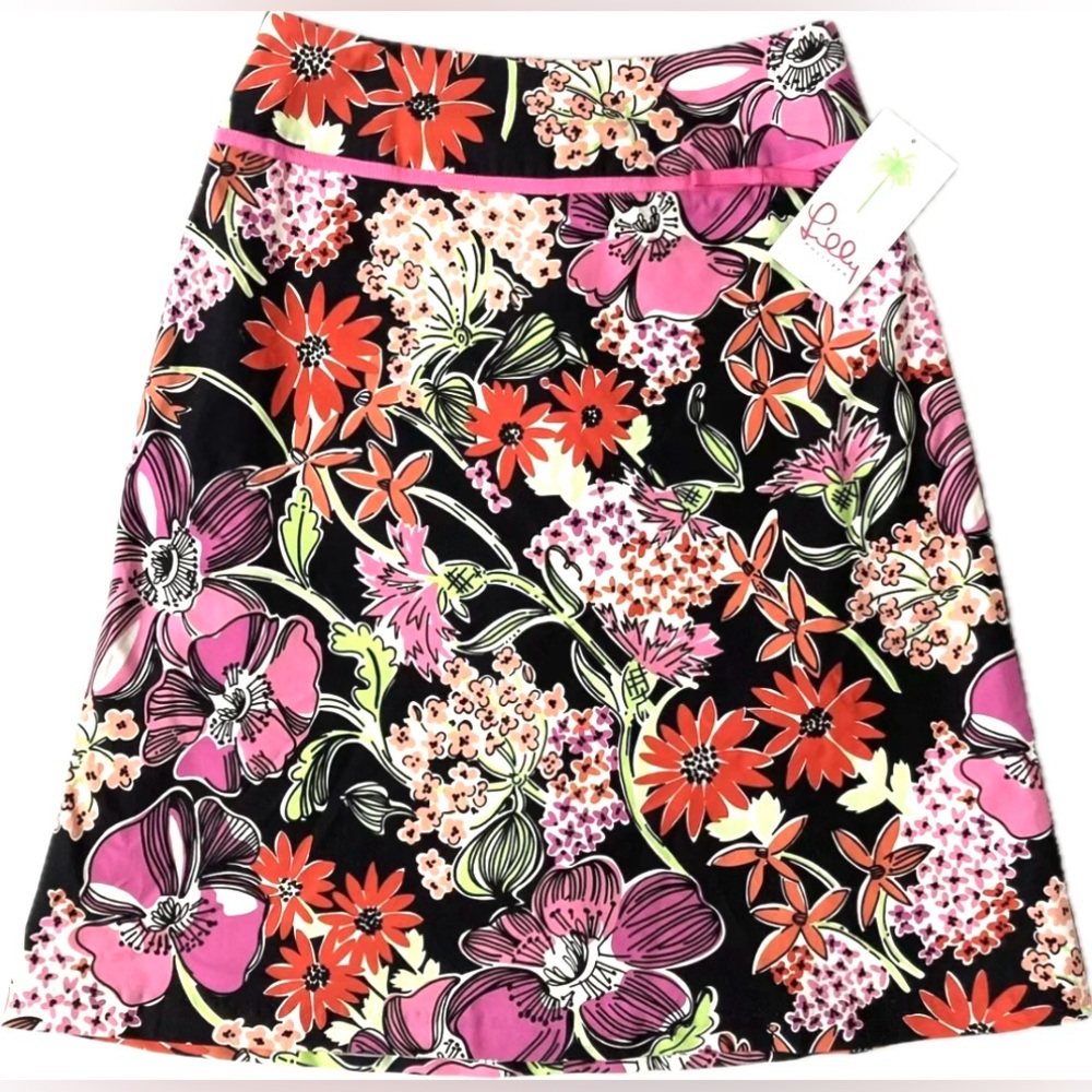 Lilly Pulitzer Mirabelle Skirt Cotton A-line Lined Midi Black Flower Market 12